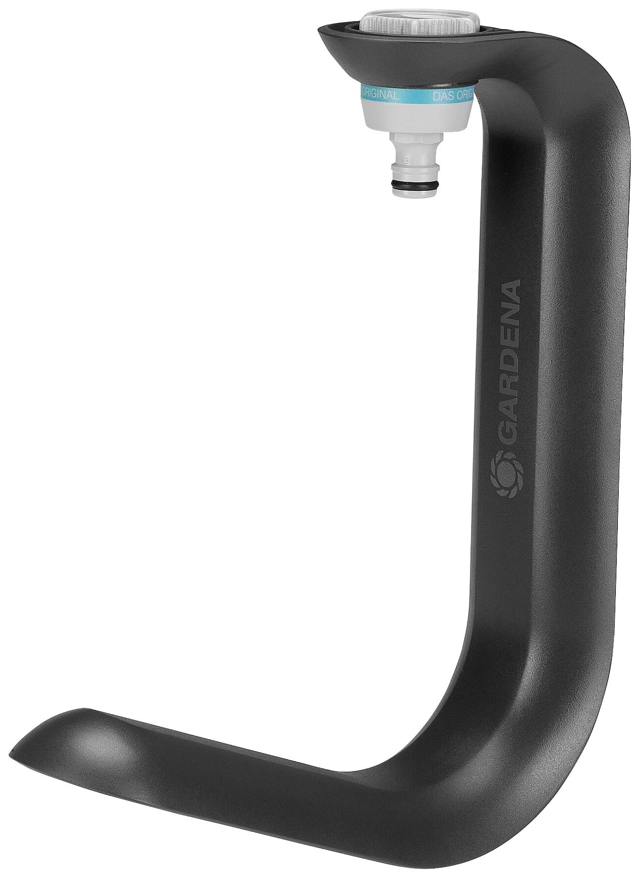 A black Gardena water hook with connection for a garden hose.