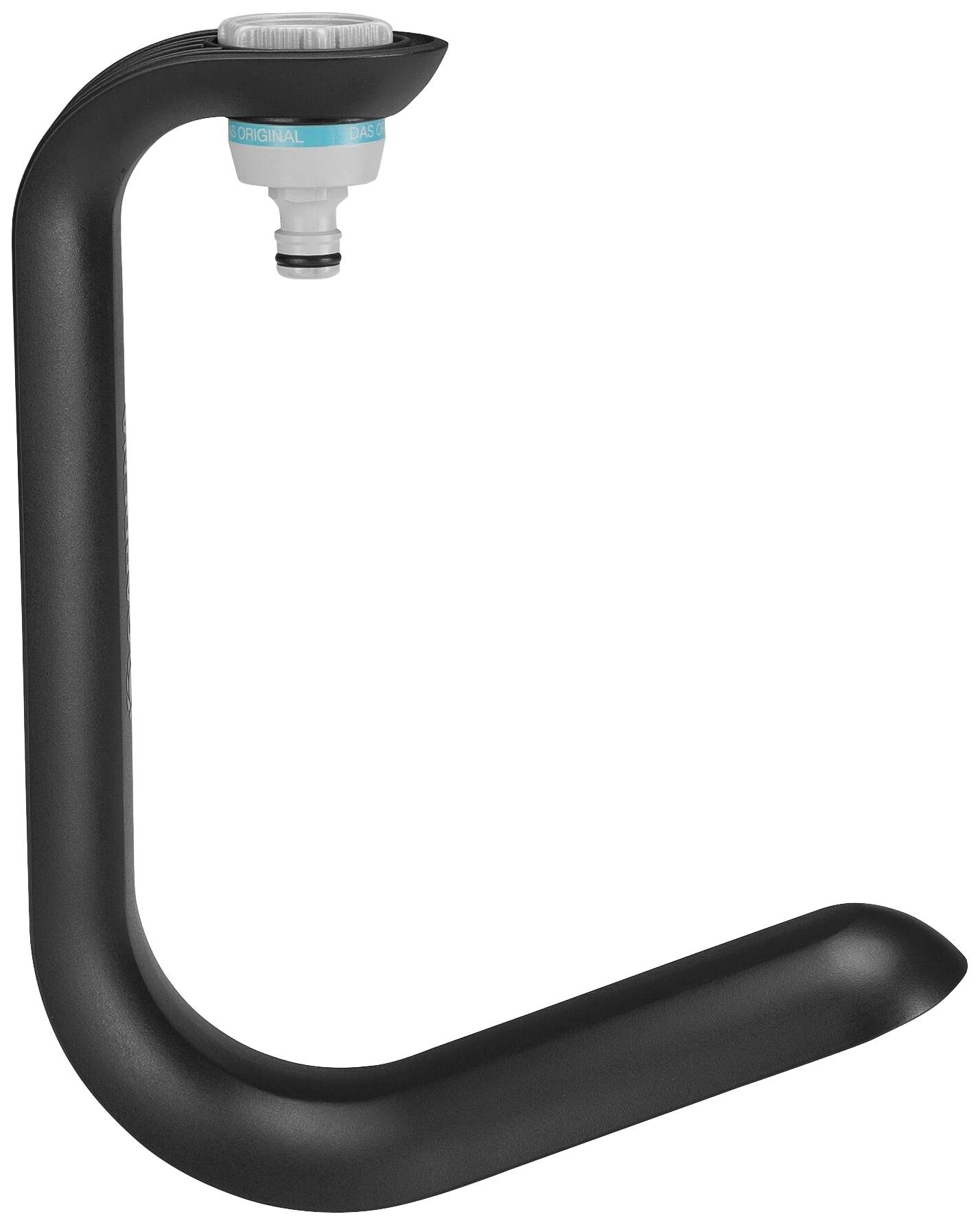 Black L-shaped furniture handle with integrated original accessories, suitable for modern kitchen designs or bathroom furniture.