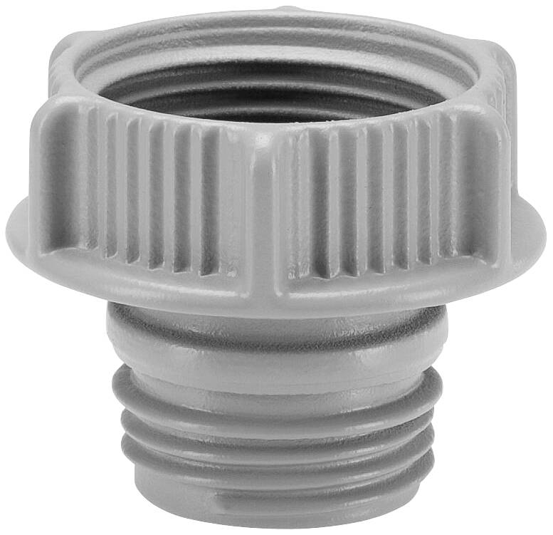 Grey plastic threaded adaptor piece with knurled edge, suitable for hose connections or water pipes.