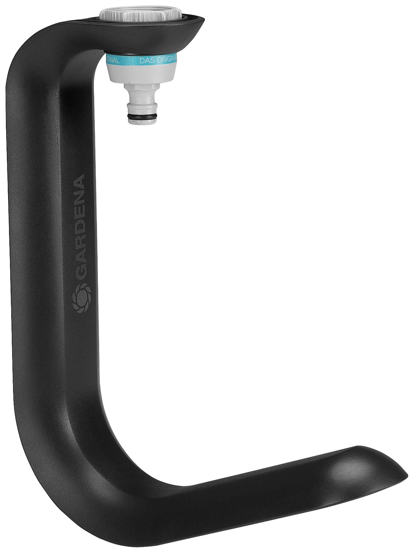 Black mounting bracket for Gardena tap adapter, enables storage of various garden hose connectors.