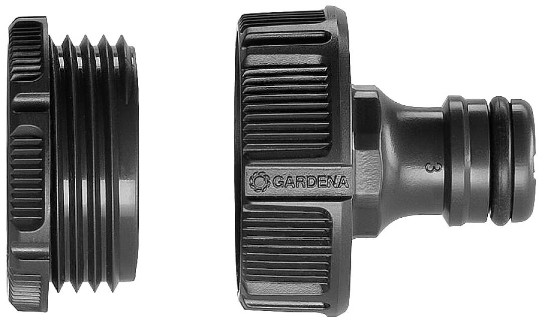 Two black Gardena hose couplings. On the left, a female threaded connection, on the right a connector, both with a ribbed surface.