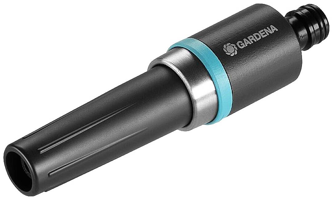 Black GARDENA nozzle with blue ring, for connecting to garden hoses, enables adjustable water stream for irrigation.