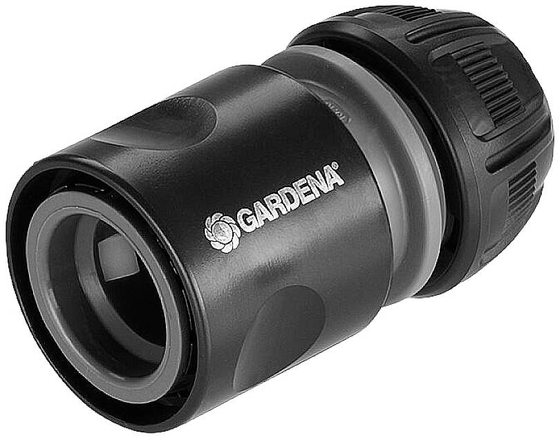 'GARDENA' plastic hose connector in black and silver, cylindrical with a grip pattern, for attaching garden hoses.