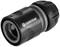 'GARDENA' plastic hose connector in black and silver, cylindrical with a grip pattern, for attaching garden hoses.