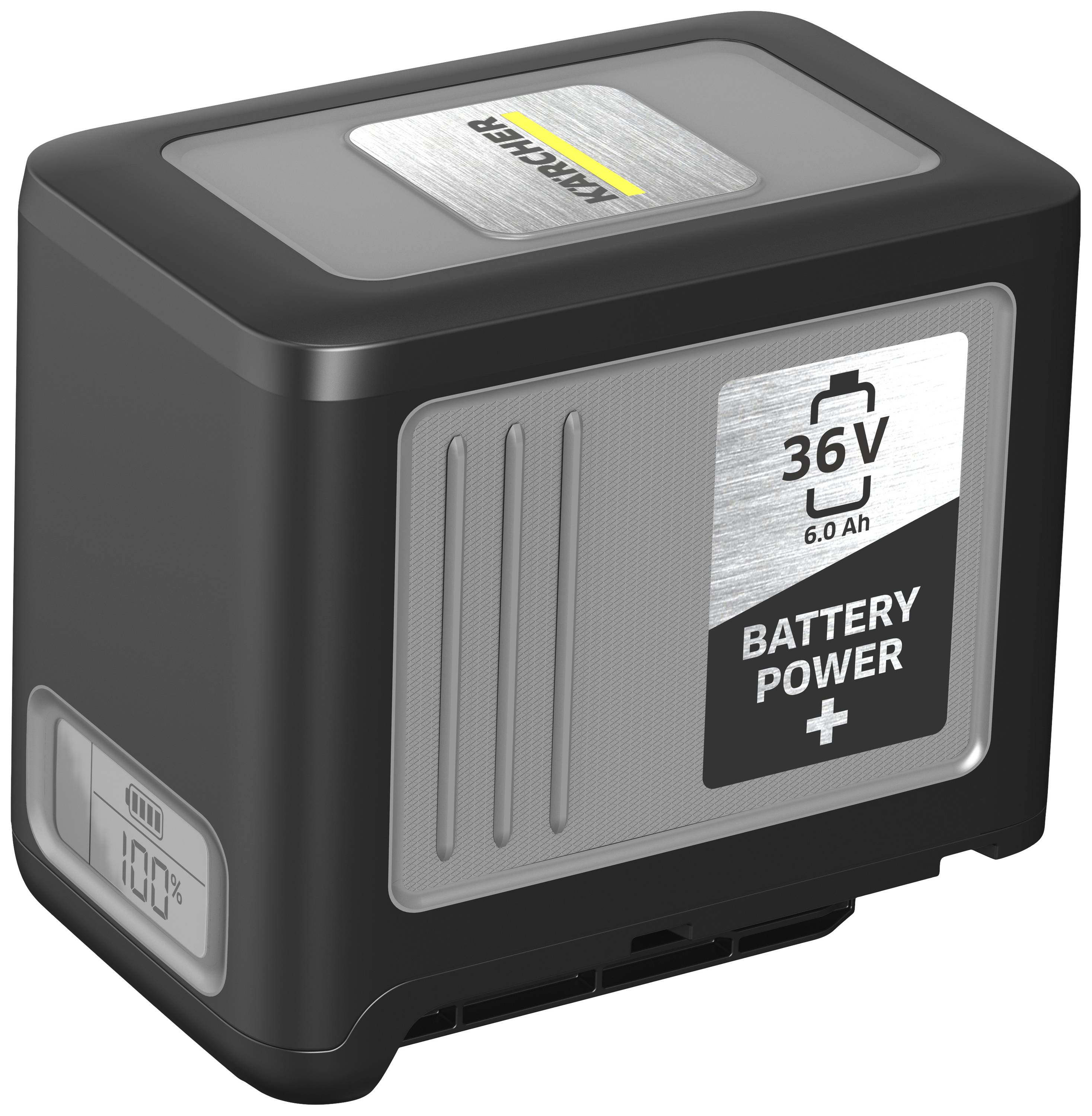 Black accumulator with the inscription '36V, 6.0 Ah, Battery Power+'. Display shows 100% charge.
