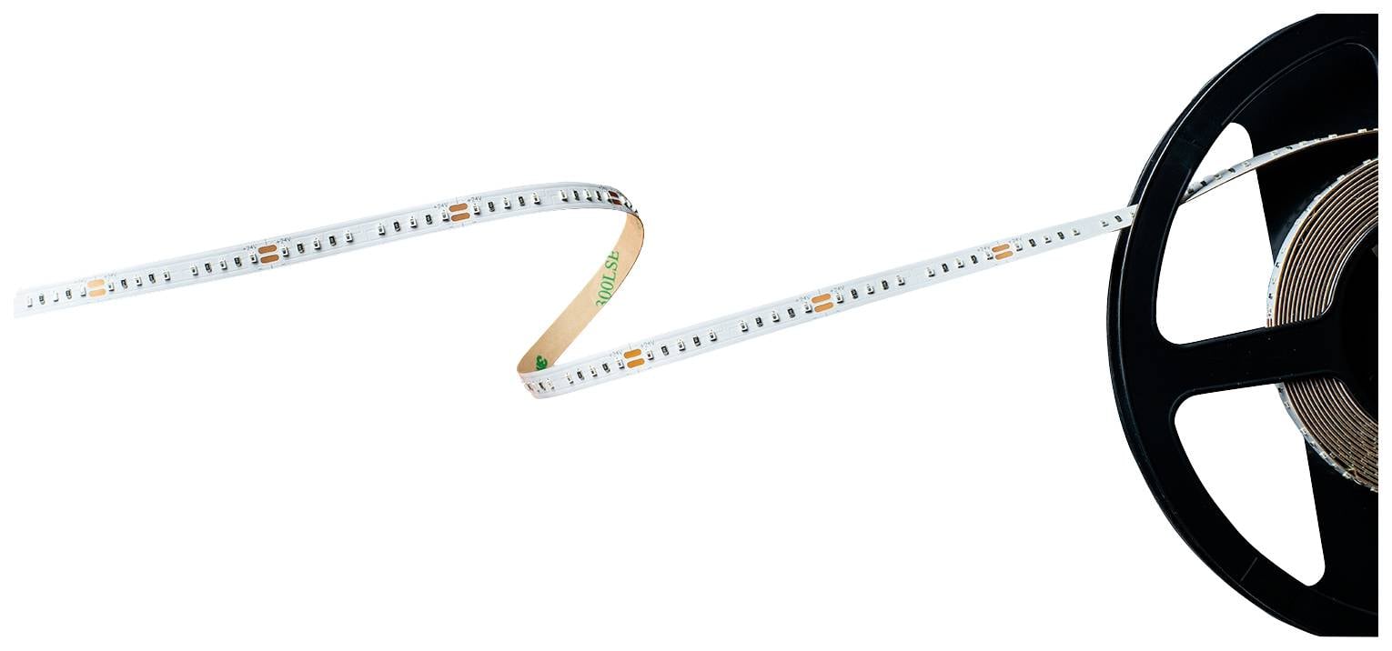 A roll of LED strip lighting, partially unrolled, reveals visible LEDs and copper contacts.