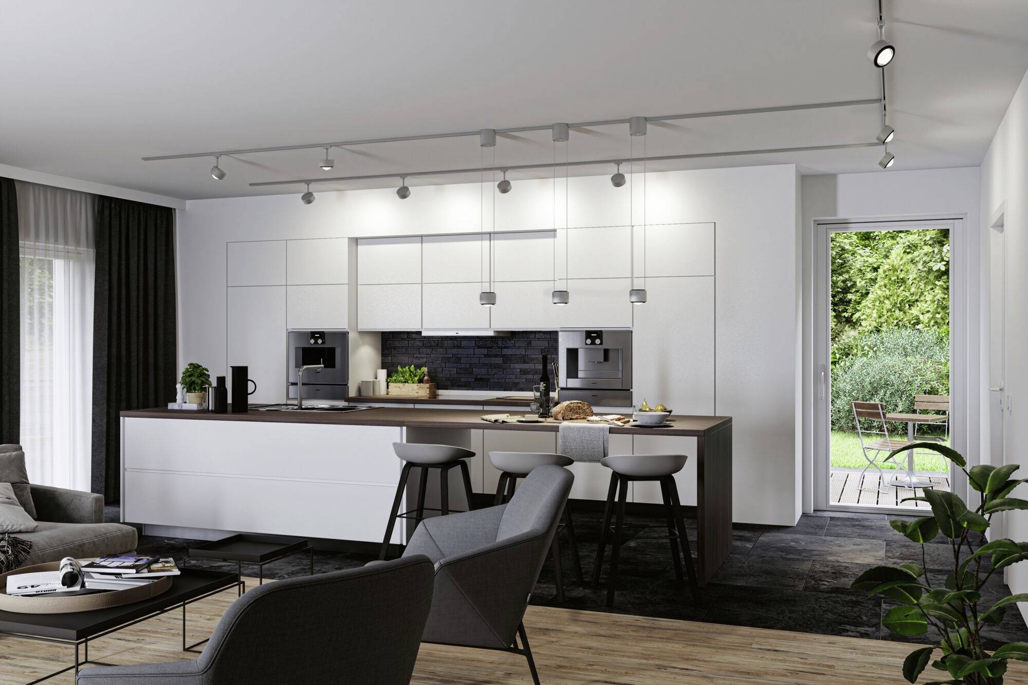 Modern kitchen with white furnishings, an island with bar stools and access to a garden. Bright, minimalist design.