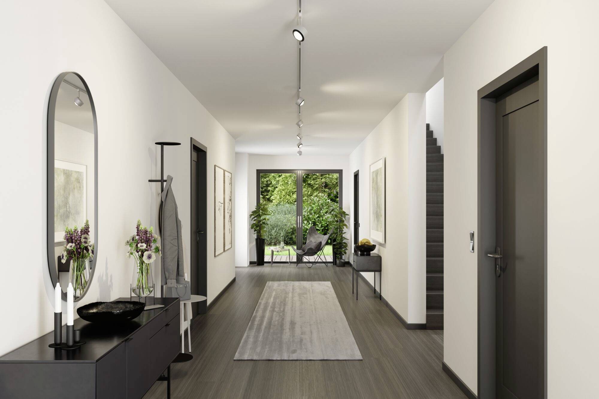 Modern hallway with light wooden flooring and minimalist decor; a mirror on the left, doors on the right, and a garden in the background.