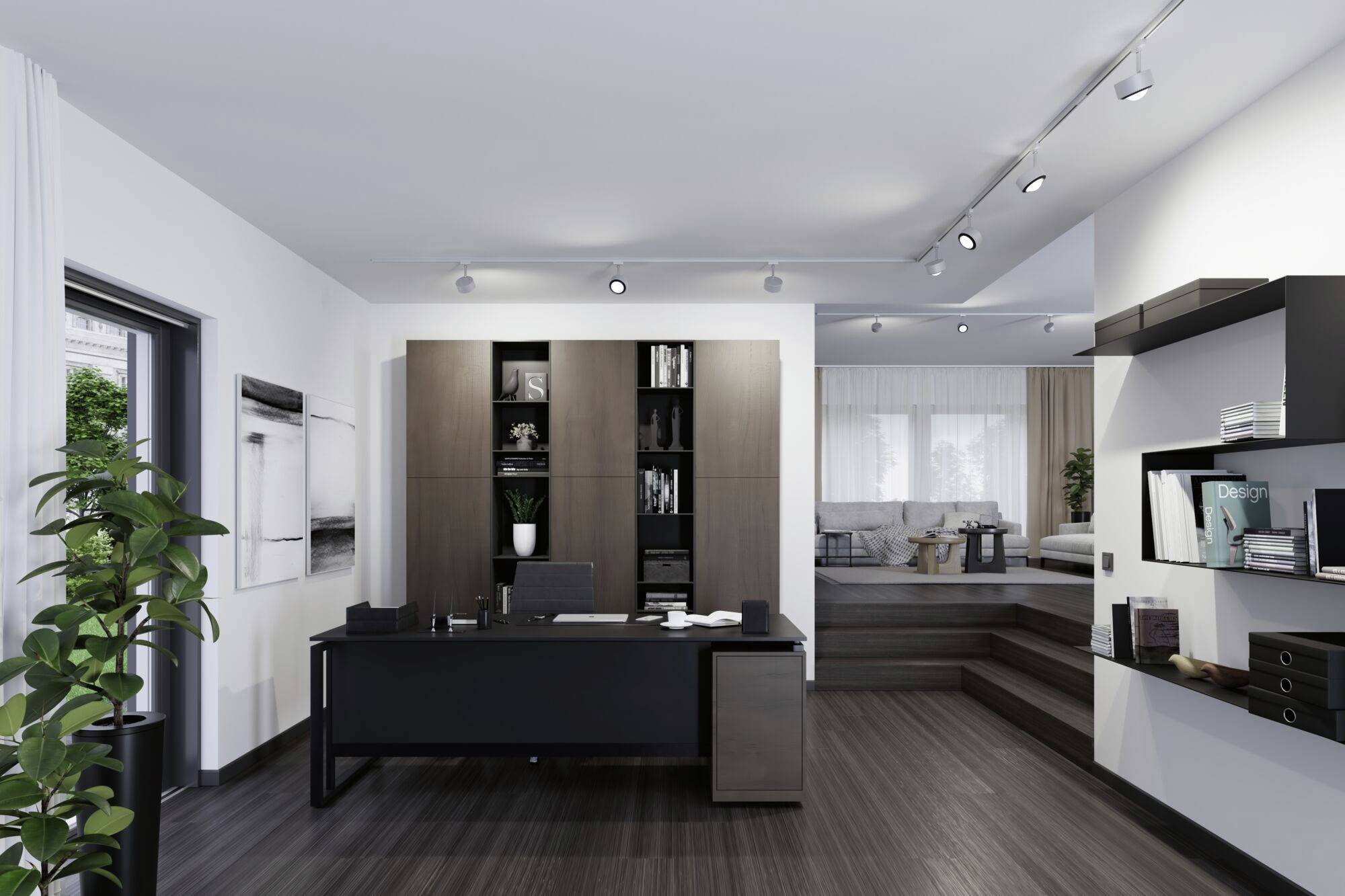 Modern office with a dark desk, bookshelf and plants, connected to a living room in the background.