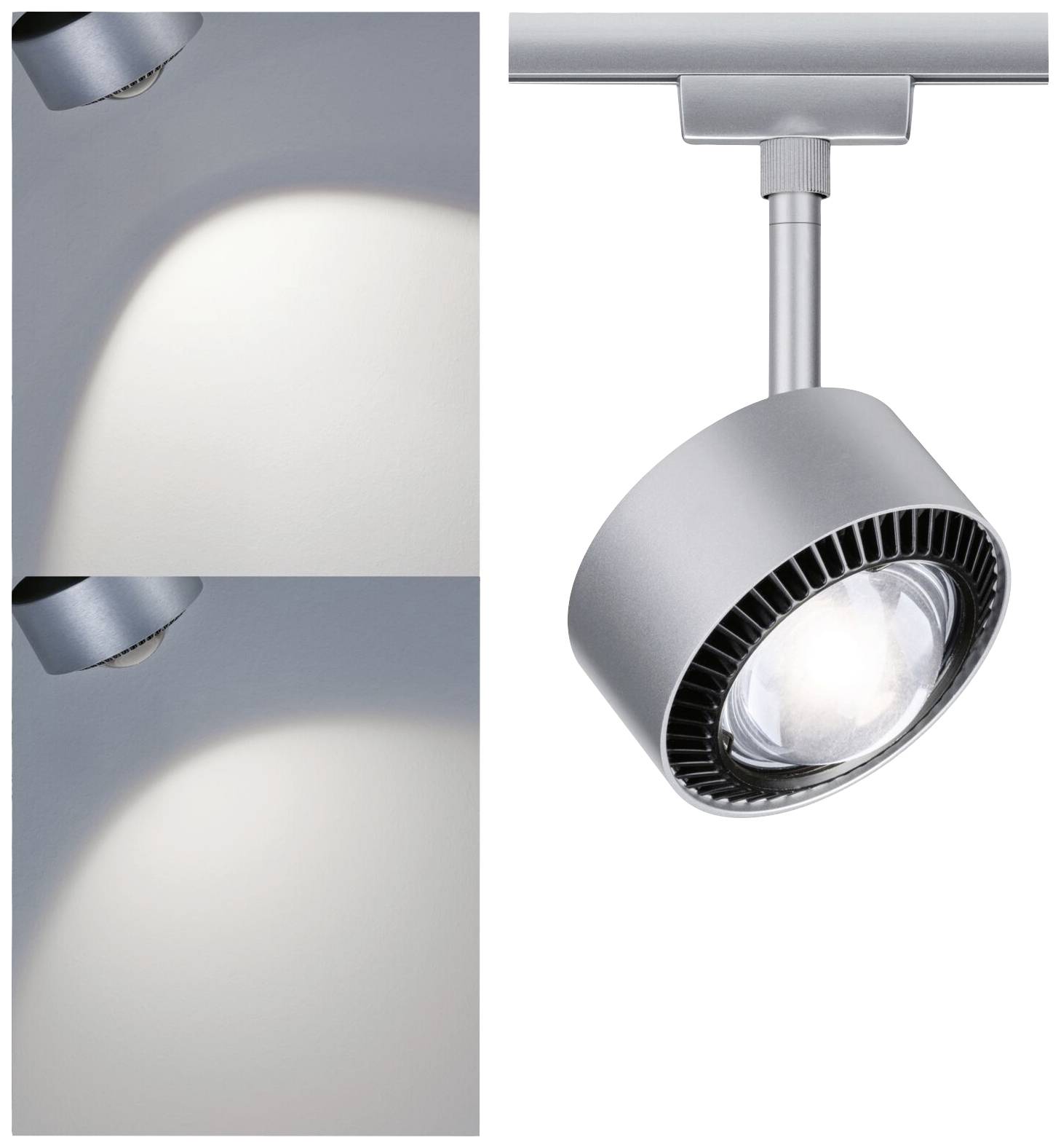A silver ceiling spotlight beams brightly onto a wall. Above: circular light cone with bright illumination. Below: diffused light glow.