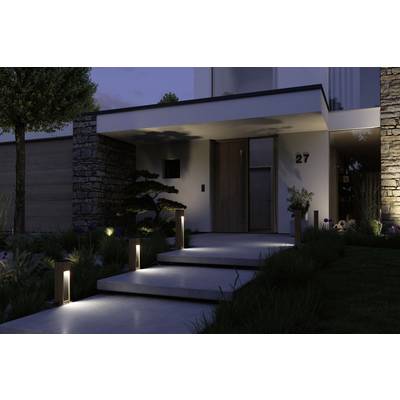 Entrance area of a house at night, stylishly illuminated with pathway lighting, modern architectural details, and a well-maintained front garden.