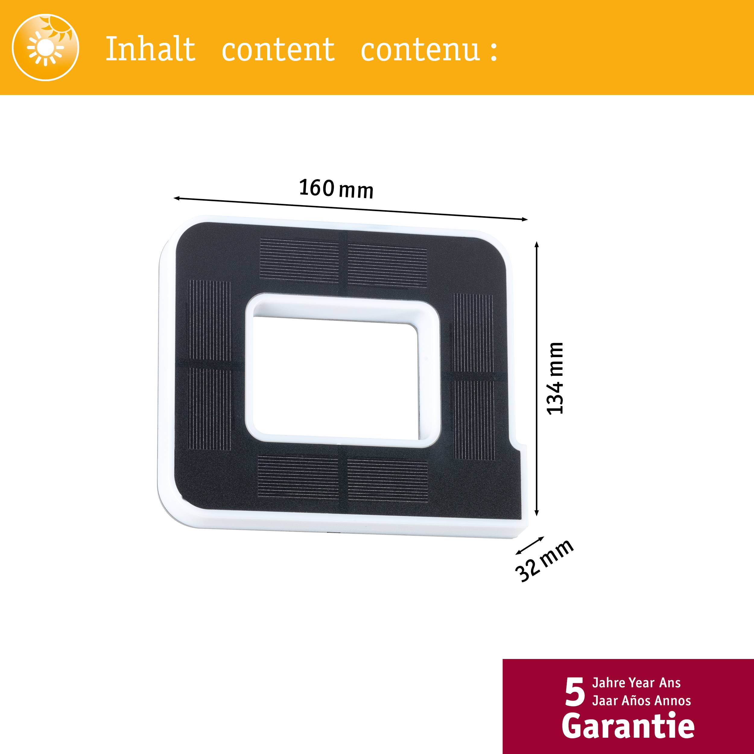 Rectangular black product with white edges, 160 mm x 134 mm x 32 mm. Text at the top: 'Contents content contenu'. At the bottom: '5 Year Warranty'.