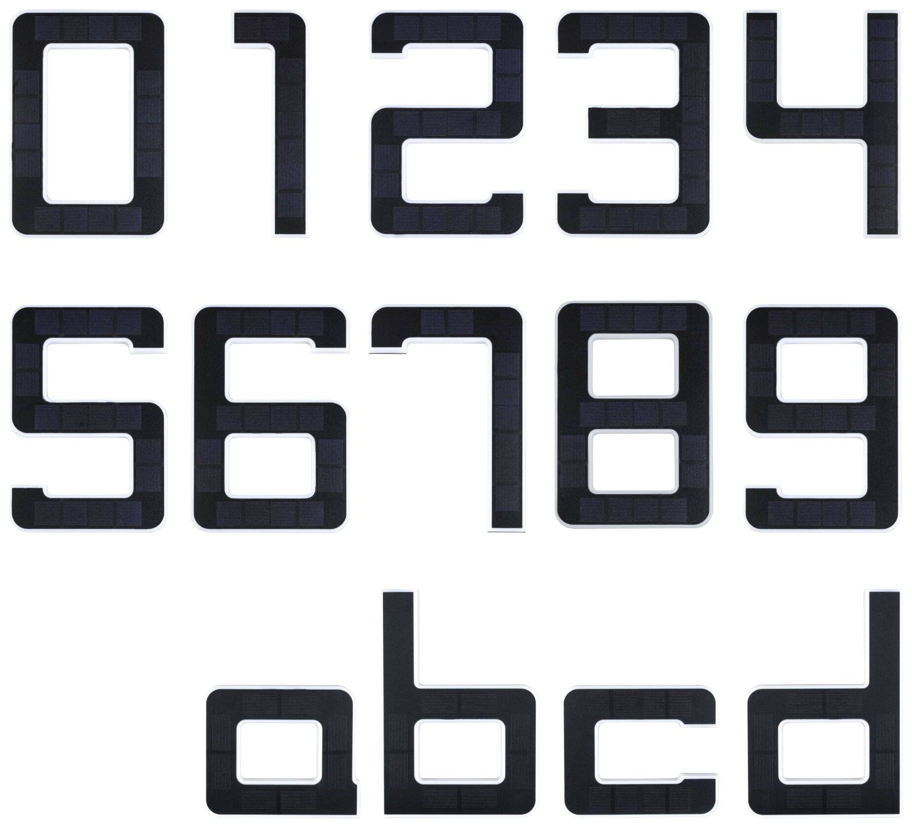 Digits and letters in digital style: '01234' on the first row, 'S6789' on the second, 'abcd' on the third.