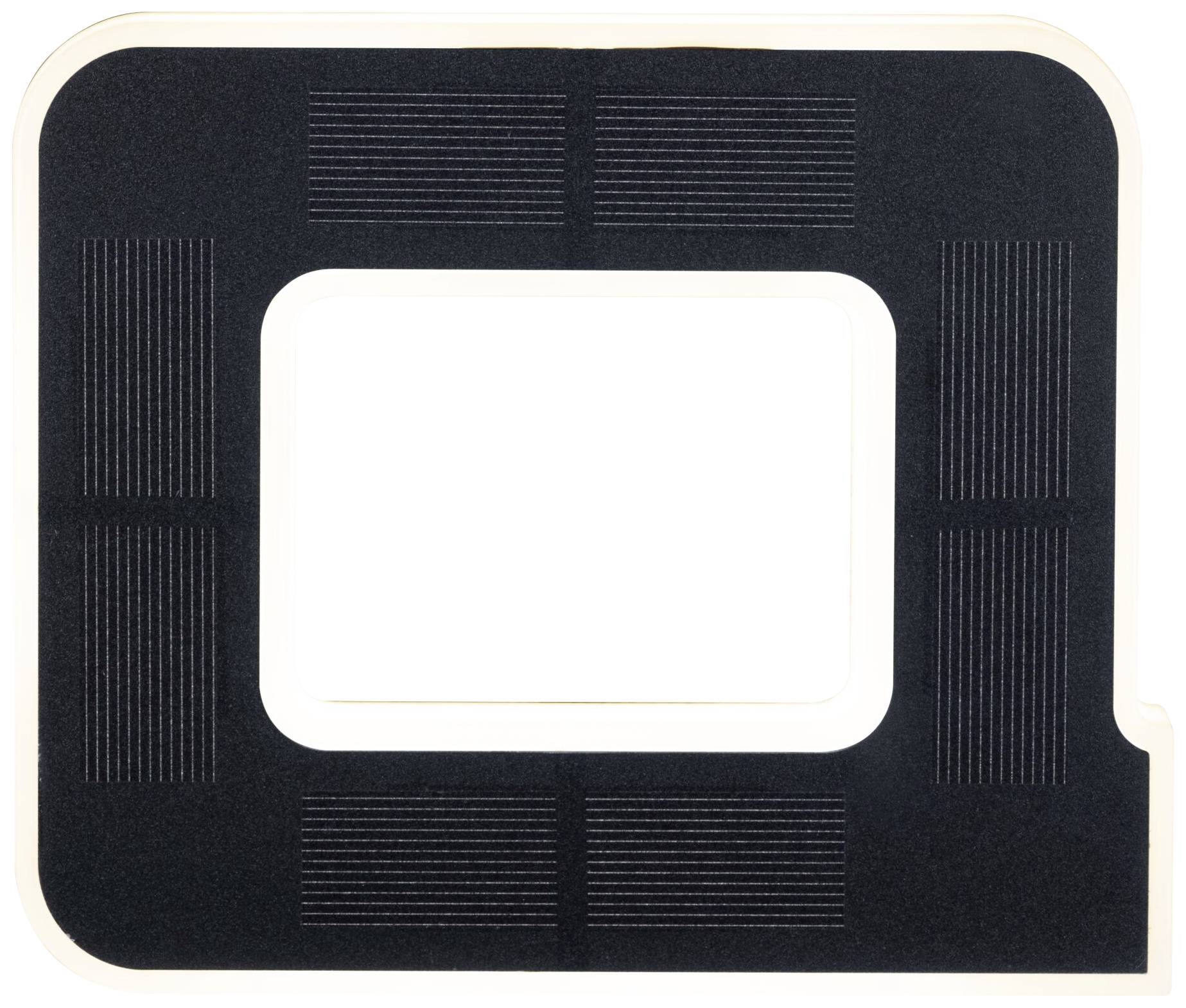 A black film holder frame with a rectangular opening in the centre to secure strip film. Rectangular shape, with the top right corner rounded.