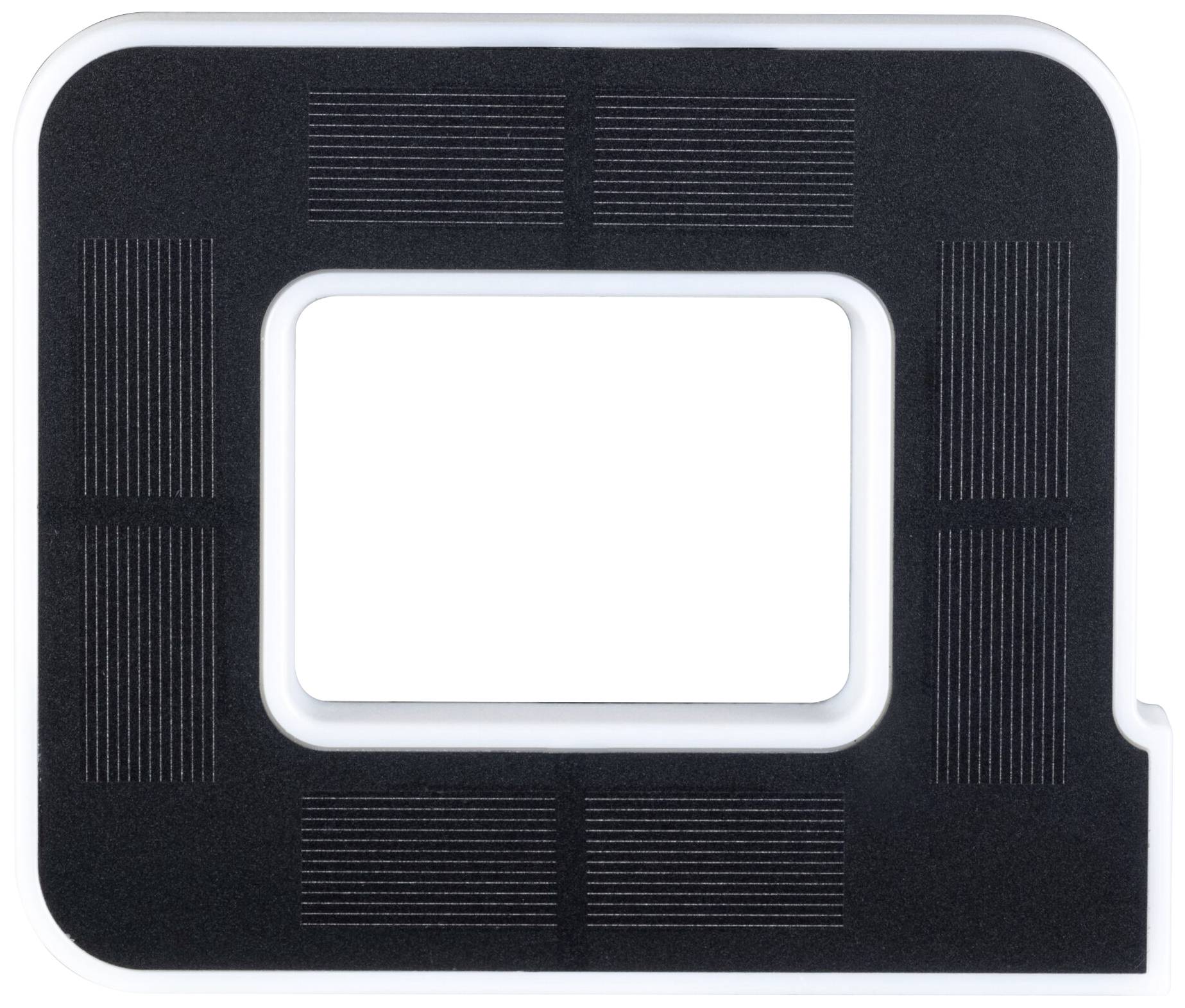 A rectangular black picture frame with rounded corners and a white inner border.