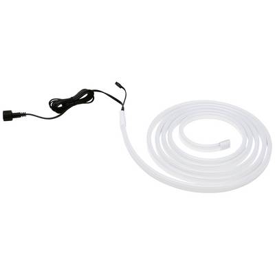 A white LED light strip with a black cable connection, unrolled on a surface.