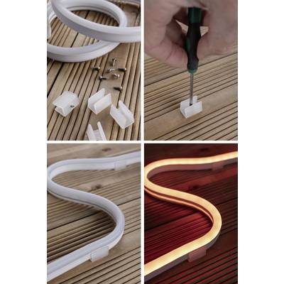 'Three pictures show the installation of flexible LED light strips on wood using a screwdriver and mounting brackets; one picture shows the illuminated strip in warm orange.'