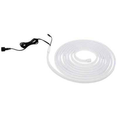 White flexible LED strip, coiled next to a black power cable.