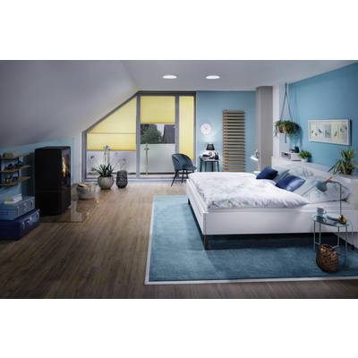 Spacious bedroom with a sloping ceiling, double bed, blue carpet, wood-burning stove, plants, desk, and large windows with yellow blinds.