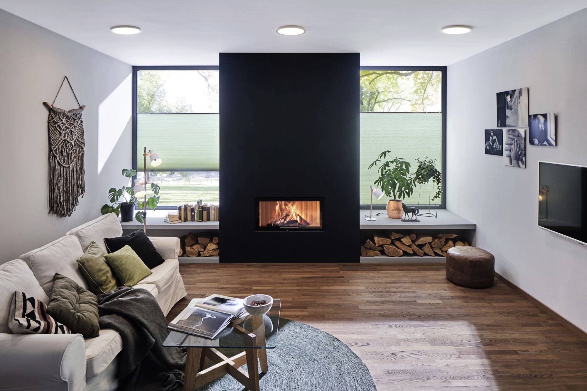 Bright living room with a sofa, fireplace and plants. Large windows in the background. Cosy decoration, modern style.