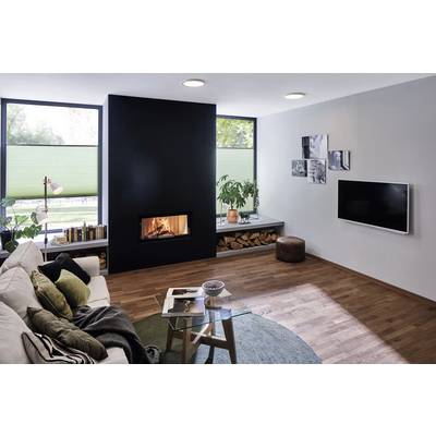 Open-plan living area with a fireplace in a modern design. Cosy seating area, bookshelf, plants and a flatscreen television mounted on the wall.