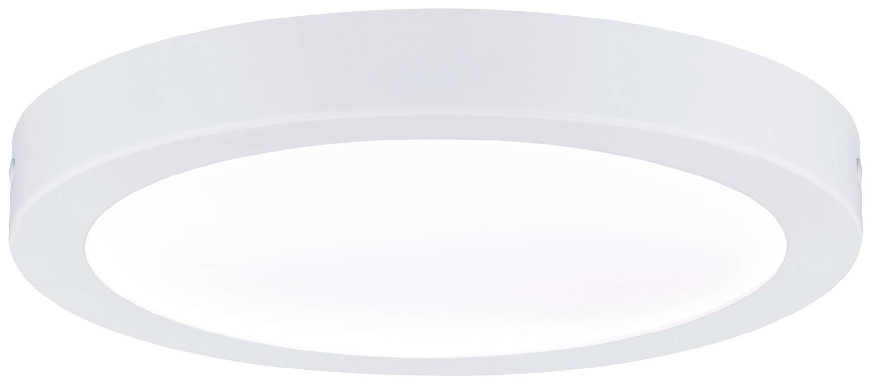 White, round LED ceiling light with a simple, modern design. It has a flat profile and provides even illumination of a room.