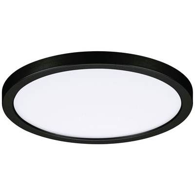 Round, black ceiling light with white central section, provides uniform room illumination.