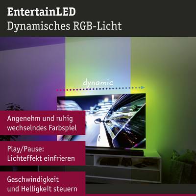 Dynamic RGB lighting illuminates living room wall, shows car in motion on television, with options for colour play and speed.