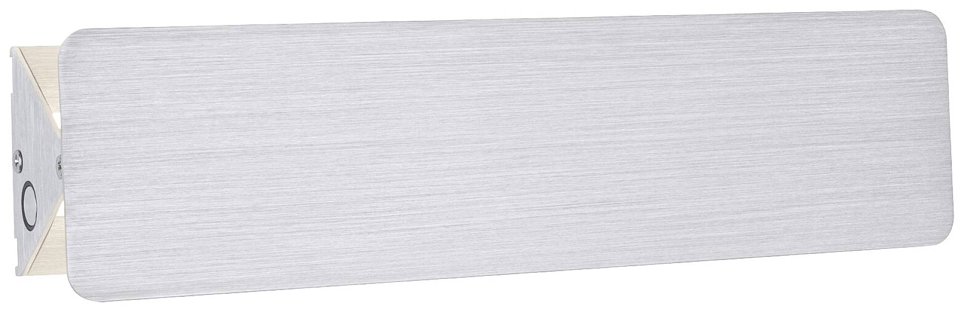 Silver, rectangular wall light with rounded corners. It illuminates the wall upwards and downwards. Minimalist design.