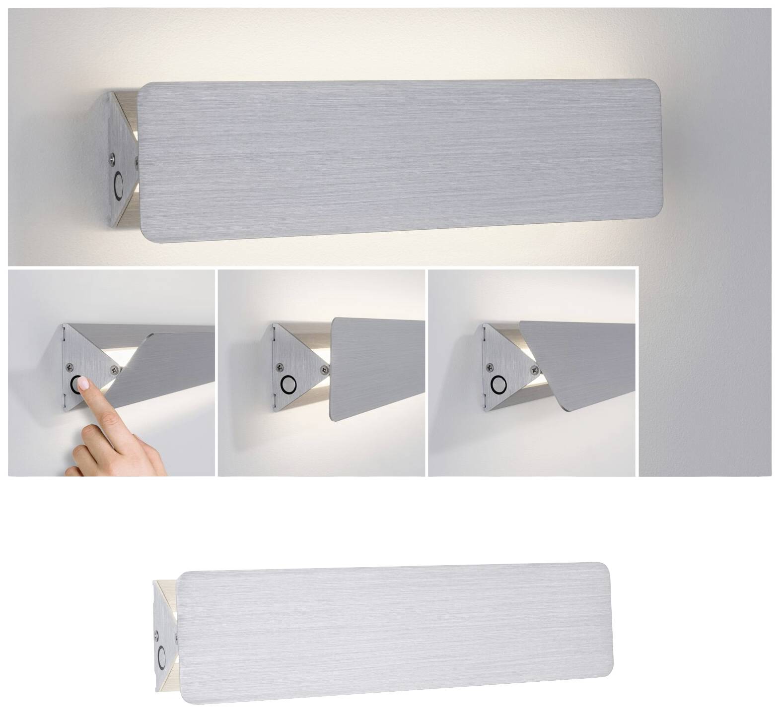 Wall light with rectangular design, side on/off switch, hand pointing to the switch, various views of the light.
