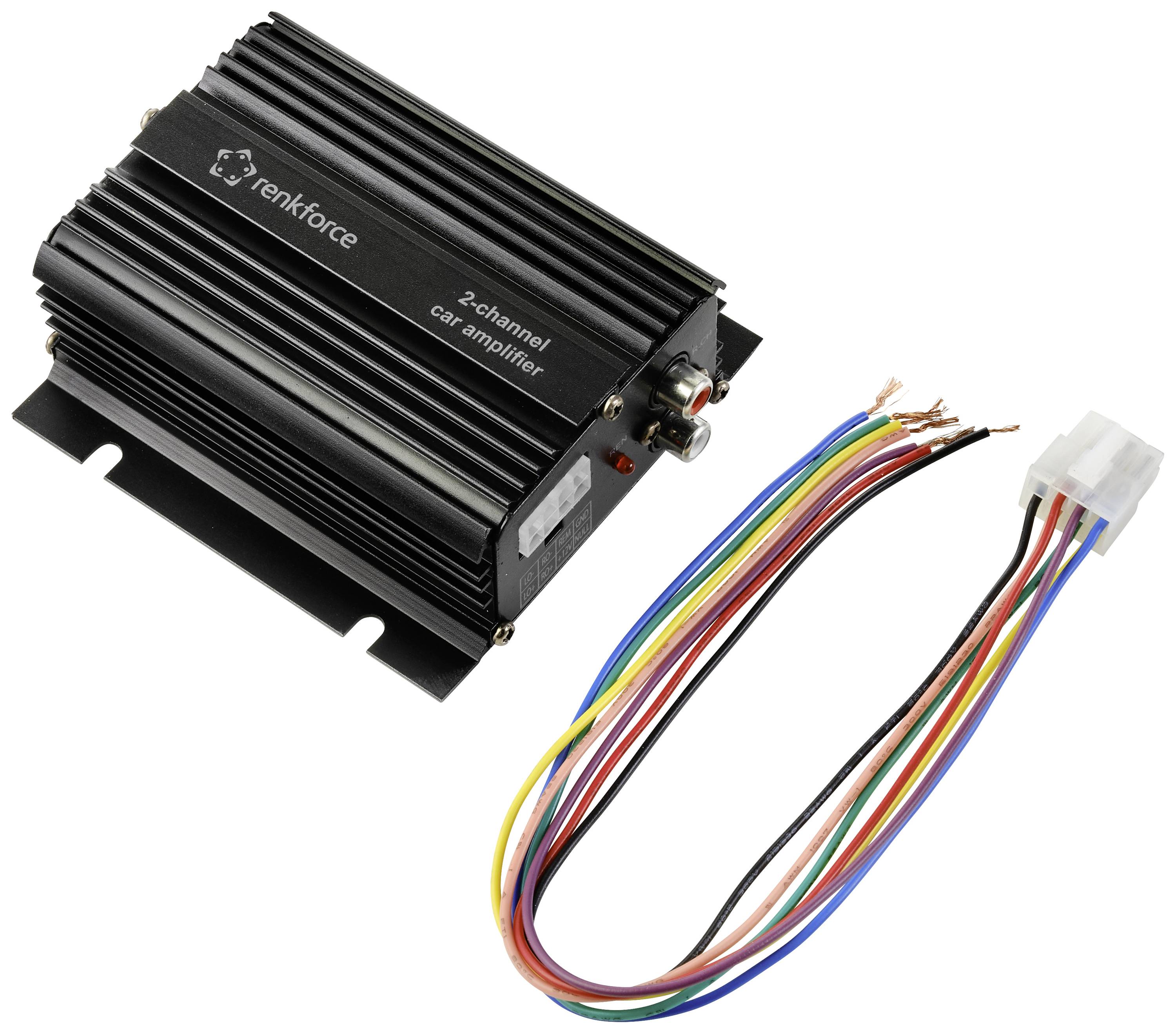 '2-Channel Car Amplifier with Cable' shows a black device with various connection options and a multi-coloured cable strand.