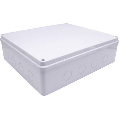 A white, square plastic enclosure with rounded corners and side openings, suitable for electrical installations.