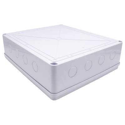 Rectangular, white junction box with multiple round openings on the sides, suitable for electrical installations.