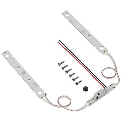 Two LED strips with cables, five screws and a small round switch are arranged on a white surface.