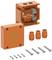 Electrical junction box in orange with a removable lid, terminal blocks, and cable glands, suitable for wall mounting.