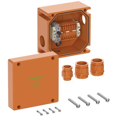 Orange distribution box with terminals and covers. Included screws and cable glands. Model: WKE 300 SL E30.