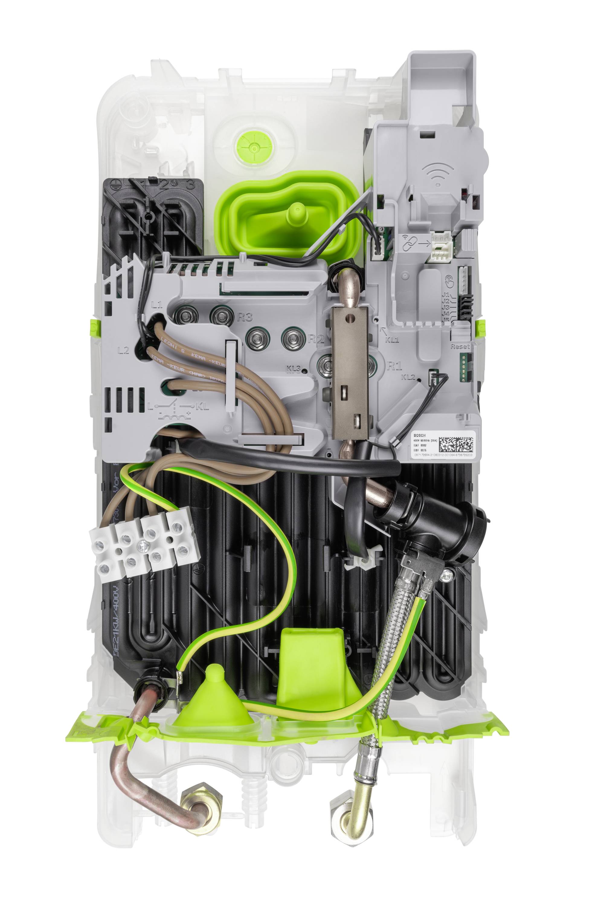 An open technical device with visible wiring and components. At the top, there is a green compartment, and at the bottom, a metal connector.