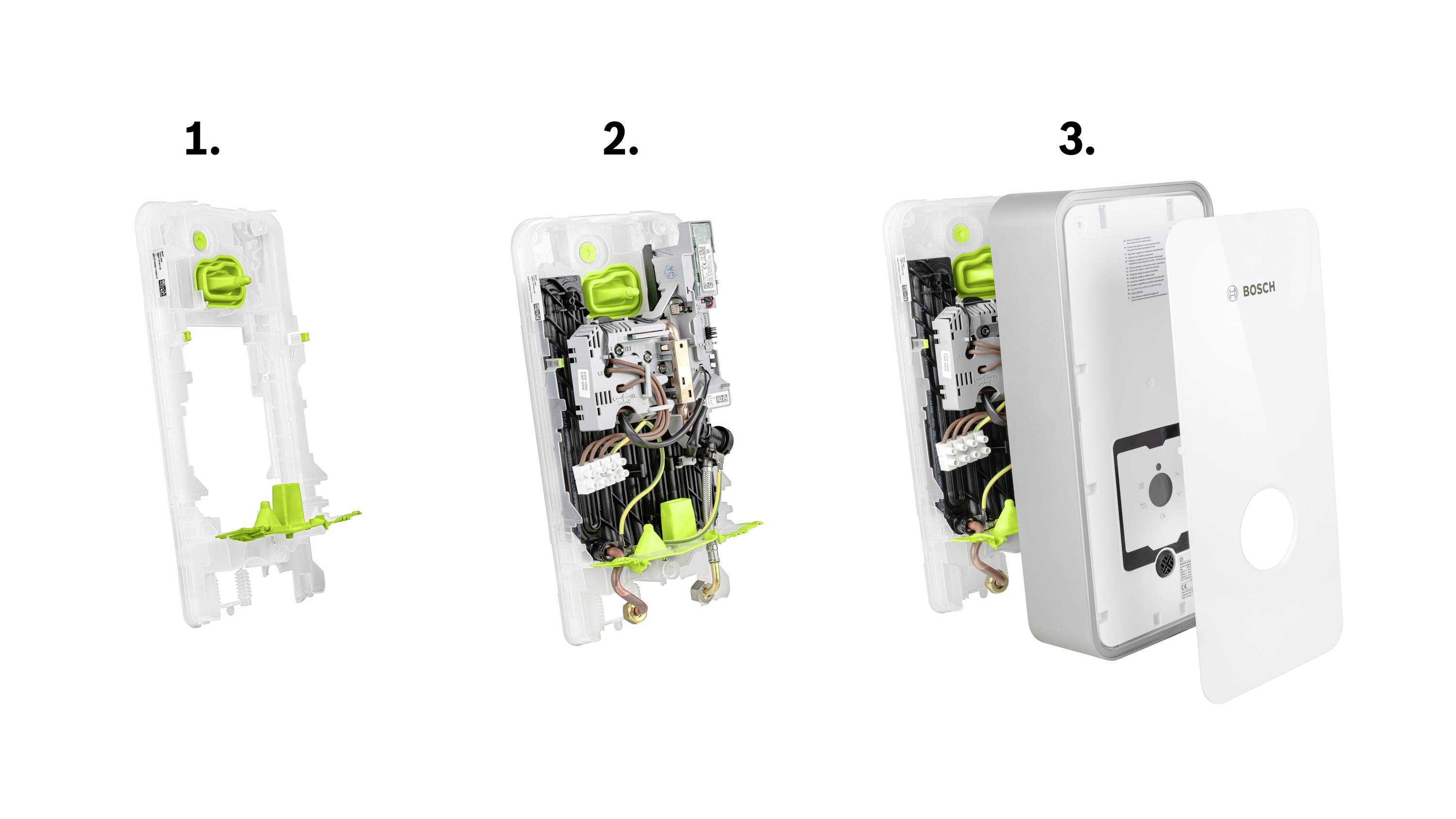 'Three-Step Guide to Installing a Bosch Device with Removable Cover. Step 1: Base Frame; Step 2: Wiring; Step 3: Attach Cover.'