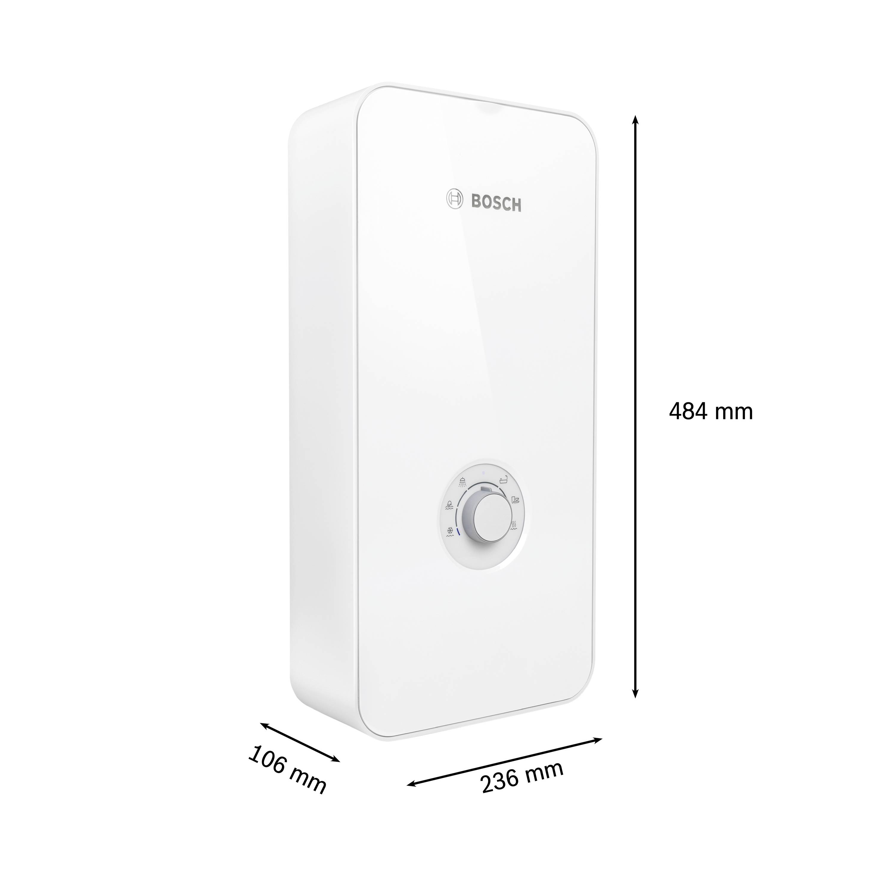 White, rectangular water heater with a rotary knob in the centre. Dimensions: 484 mm high, 236 mm wide, 106 mm deep.