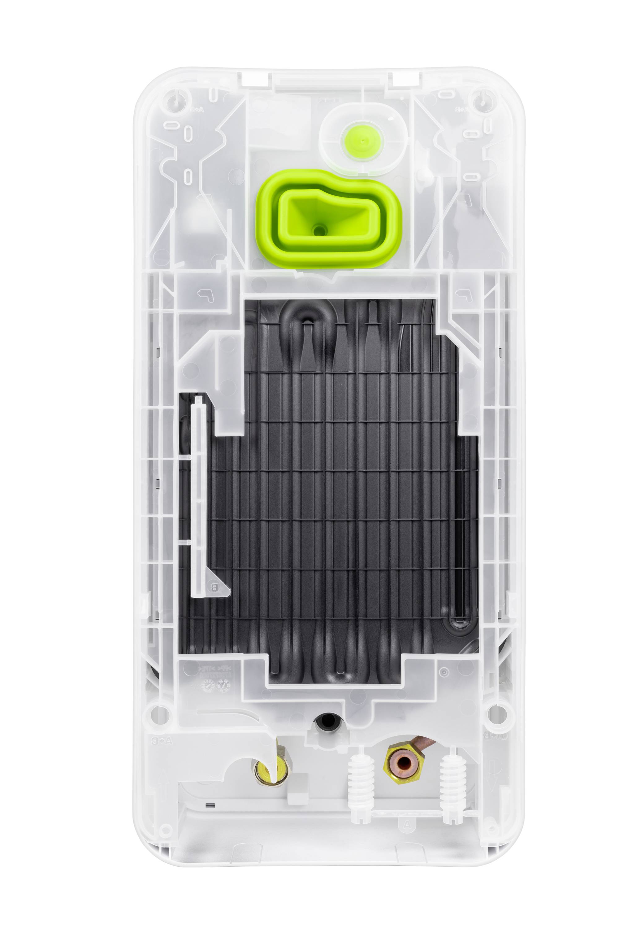 Transparent cover of an electronic device with visible wiring. A green element at the top, yellow connectors at the bottom.