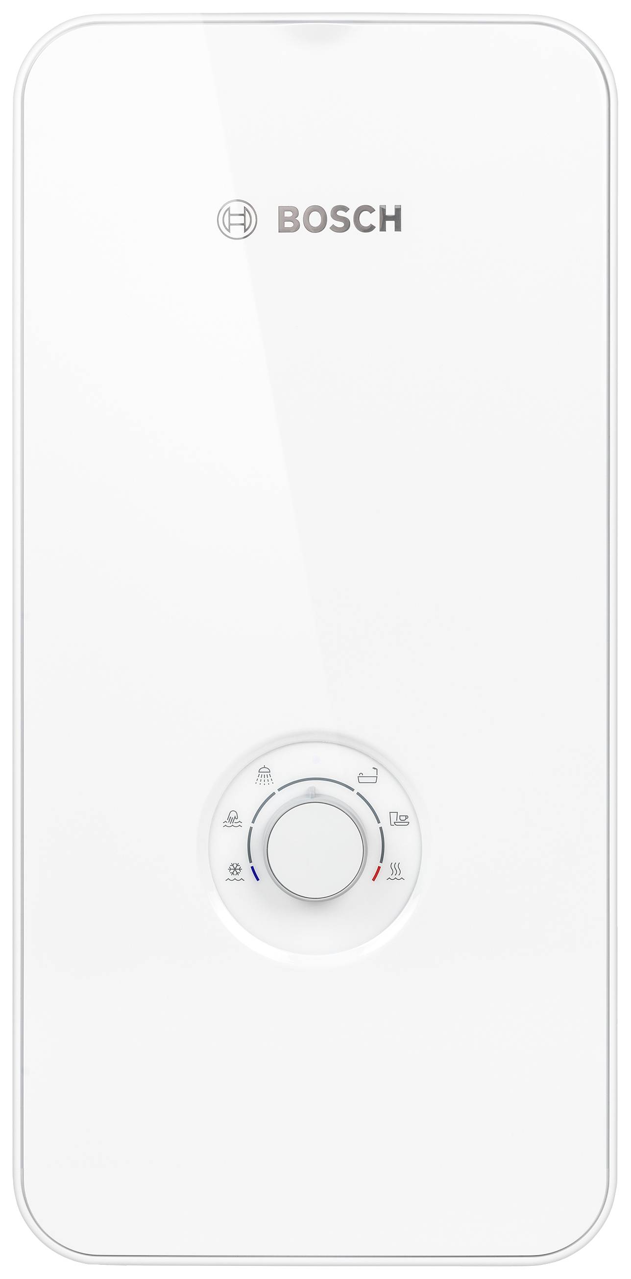 White Bosch hot water cylinder with central control knob and temperature display.