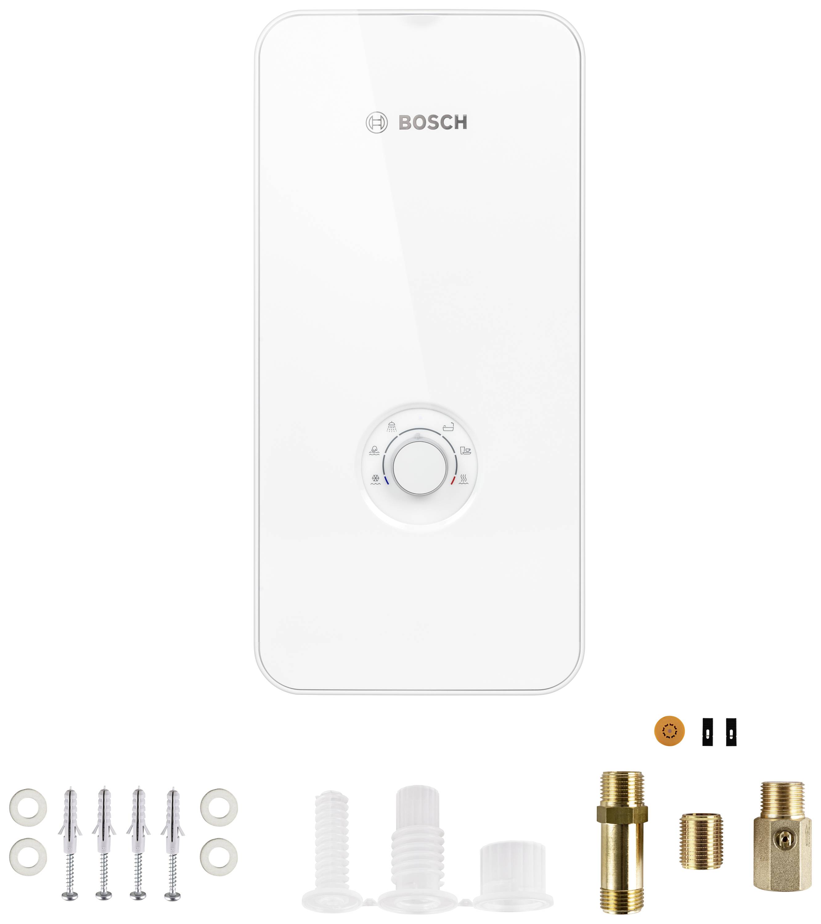 A white instantaneous water heater with a central rotary control, surrounded by fixing materials such as wall plugs and metal connectors.