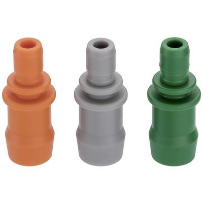 Three coloured plastic adapters, from left to right: orange, grey and green. They are cylindrical and of equal size.