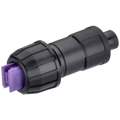 A black connector with a purple insert, used for electrical or electronic connections.