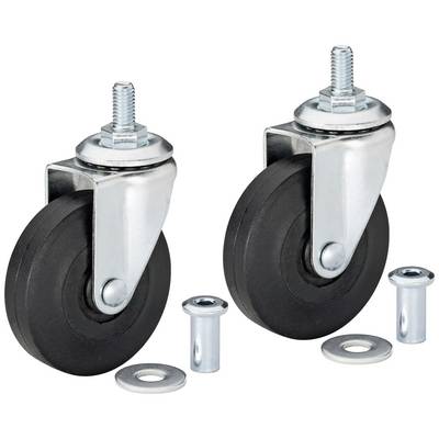 Black steering castors with metal housing and mounting accessories such as screws and washers on a white background.