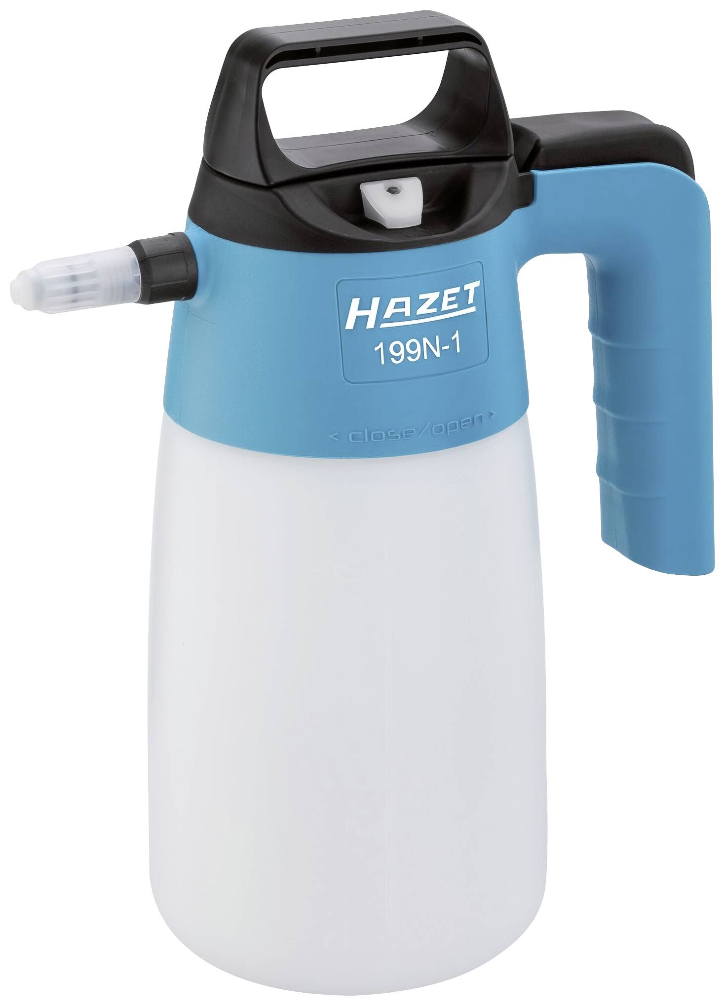 A blue and white pressure sprayer with a black handle. The blue section is marked with 'Hazet 199N-1'.