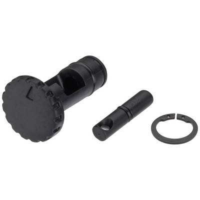 'Black bicycle or machine component with a ribbed handle on top, a central round opening, and an additional small part and clip.'<br><br>Note: The translation appears to already be in British English, so no significant changes were necessary.