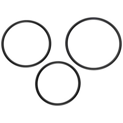 Three black rubber O-rings of different sizes are laid side by side on a white surface.