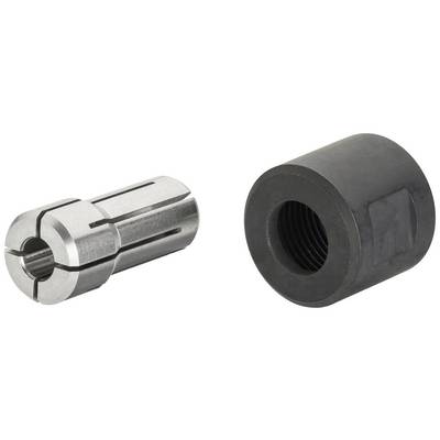 Two metal components: on the left, a silver colander clamp with a slot, on the right, a black cylindrical nut with an internal thread.