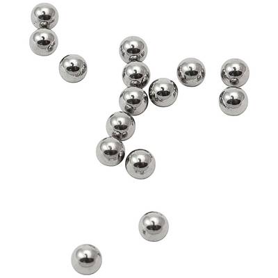Sixteen reflective, silver spheres irregularly distributed on a white background.